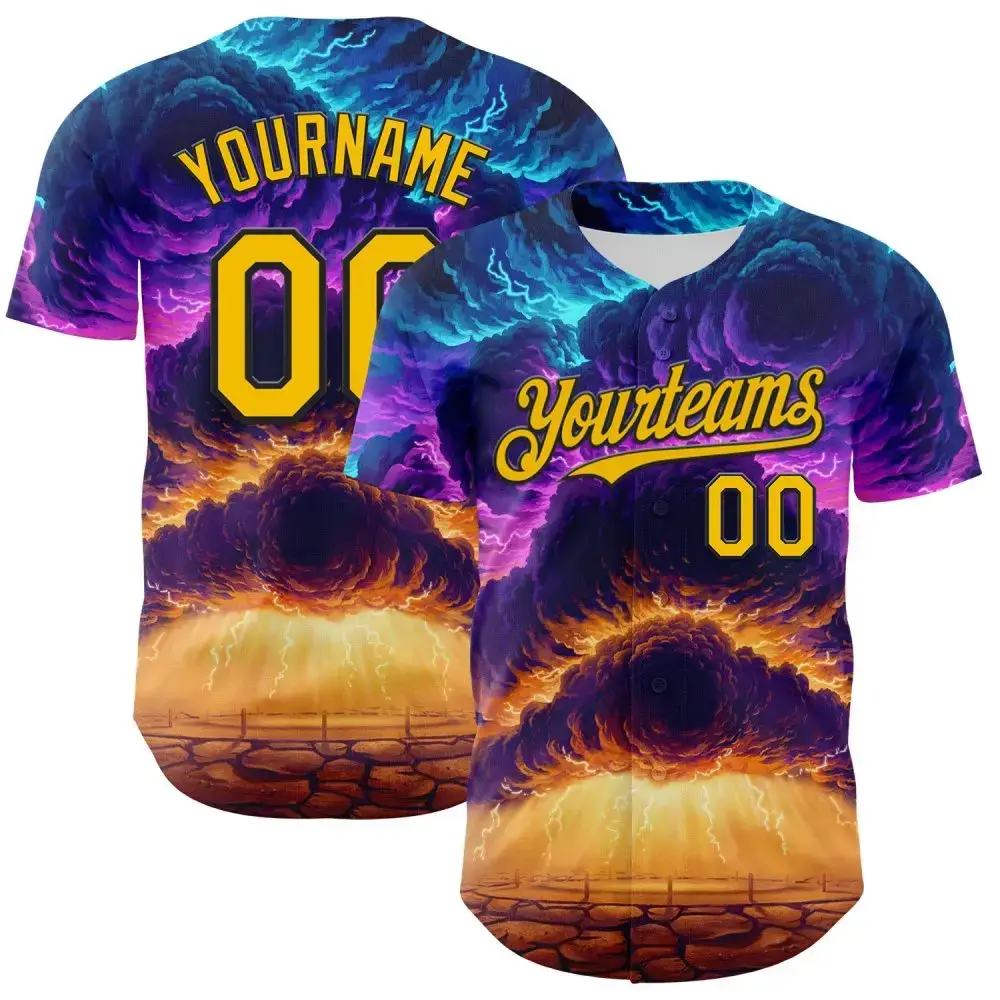 Custom Blue Gold-Black 3D Syntetyc Everstor Authentic Baseball Jersey Image