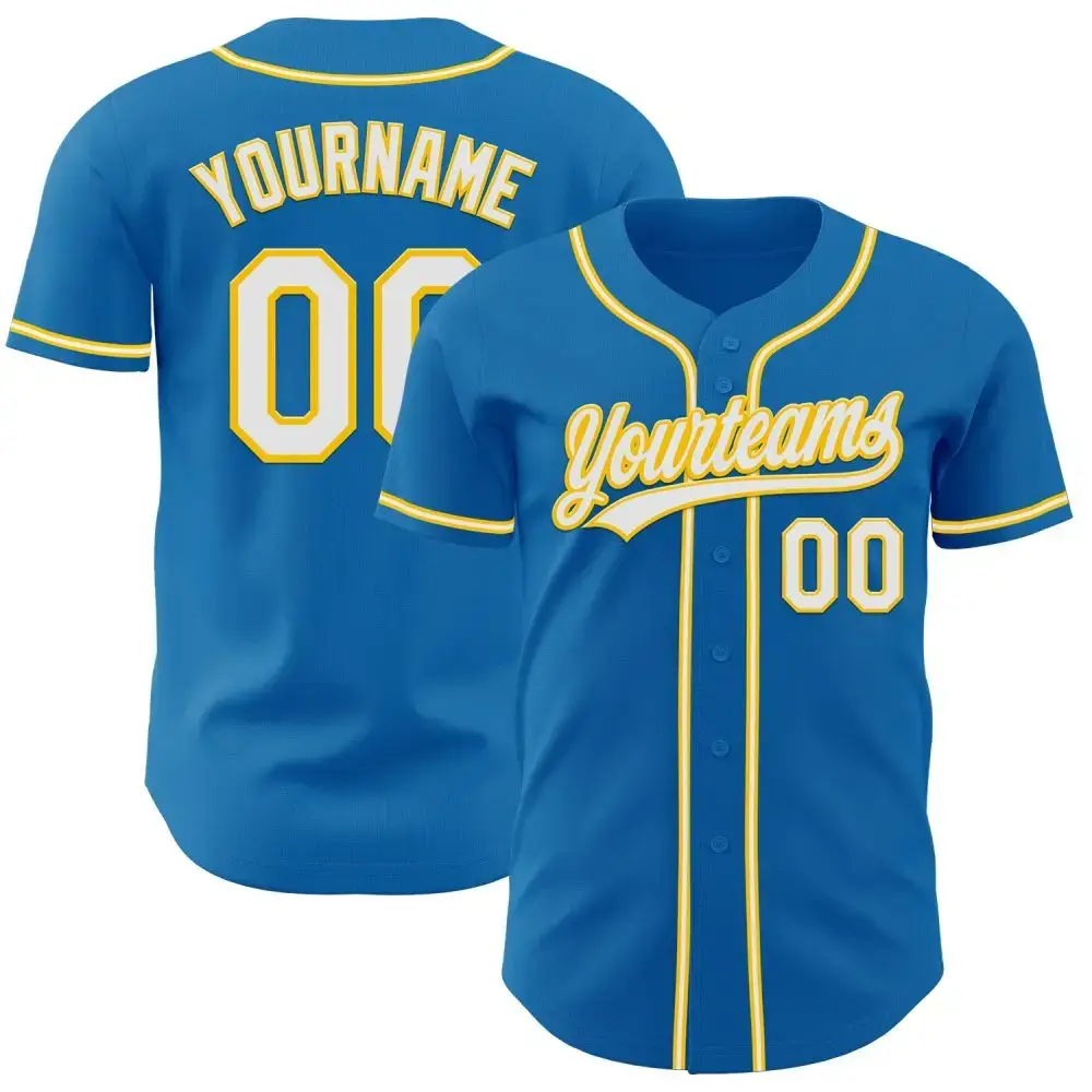 Custom Blue White-Yellow Authentic Baseball Jersey Image