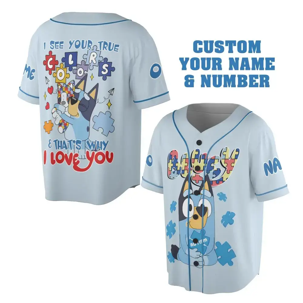Custom Bluey Baseball Jersey - Personalize Name & Number, True Colors Design, Perfect Gift! Image