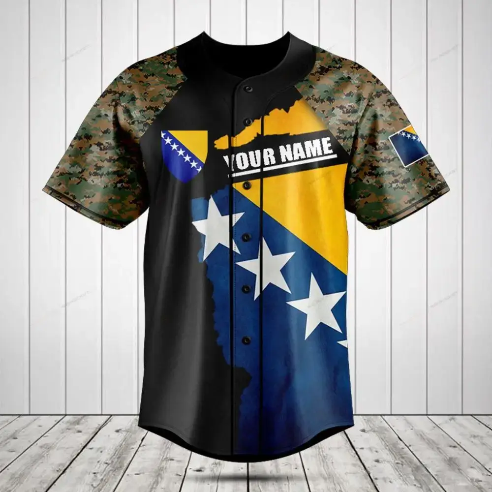 Custom Bosnia Flag Baseball Jersey – Personalized Name & Camo Sleeves Image