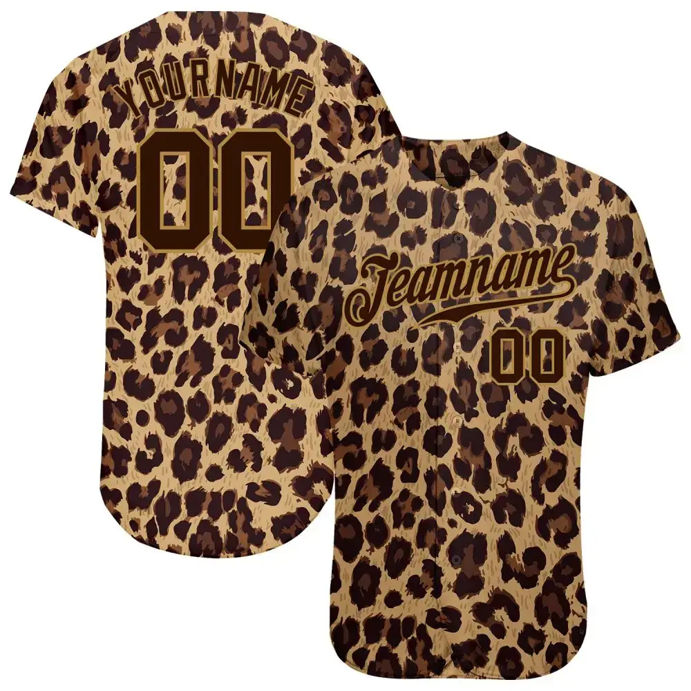 Custom Brown Brown-Old Gold 3D Pattern Design Leopard Authentic Baseball Jersey Image