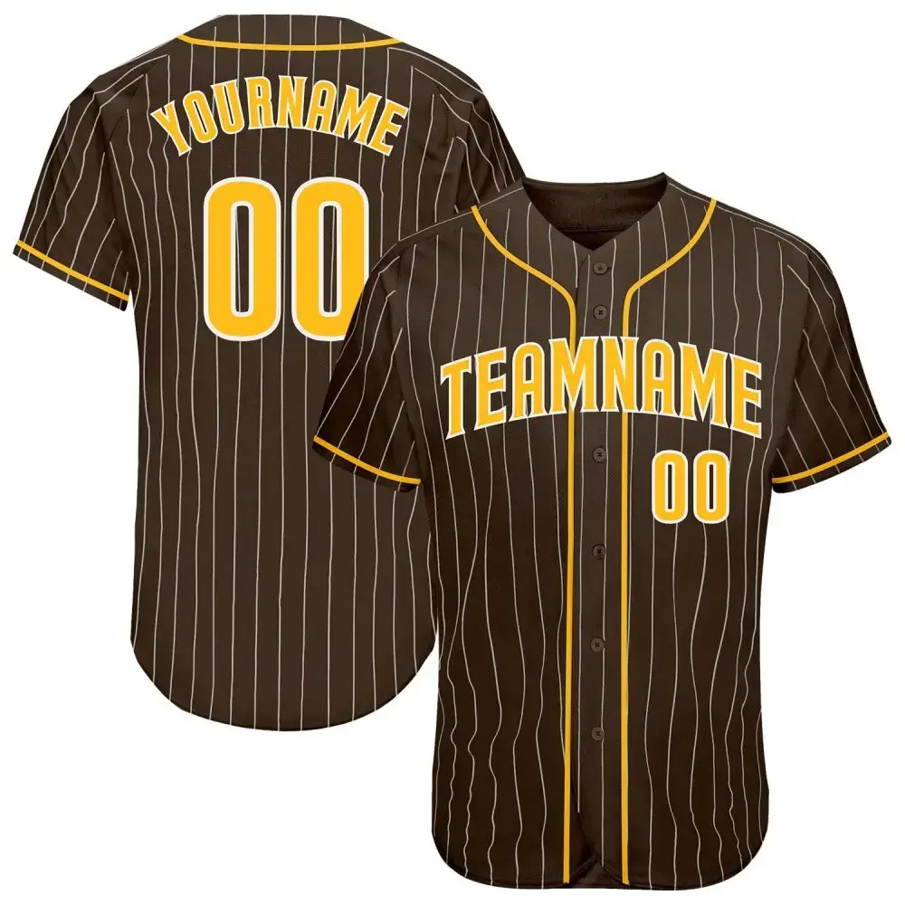 Custom Brown White Pinstripe Gold-White Authentic Baseball Jersey Image
