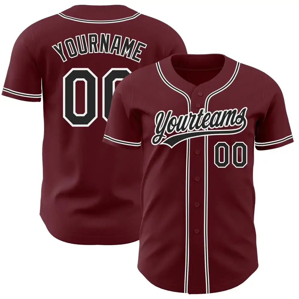 Custom Burgundy Black-White Authentic Baseball Jersey Image