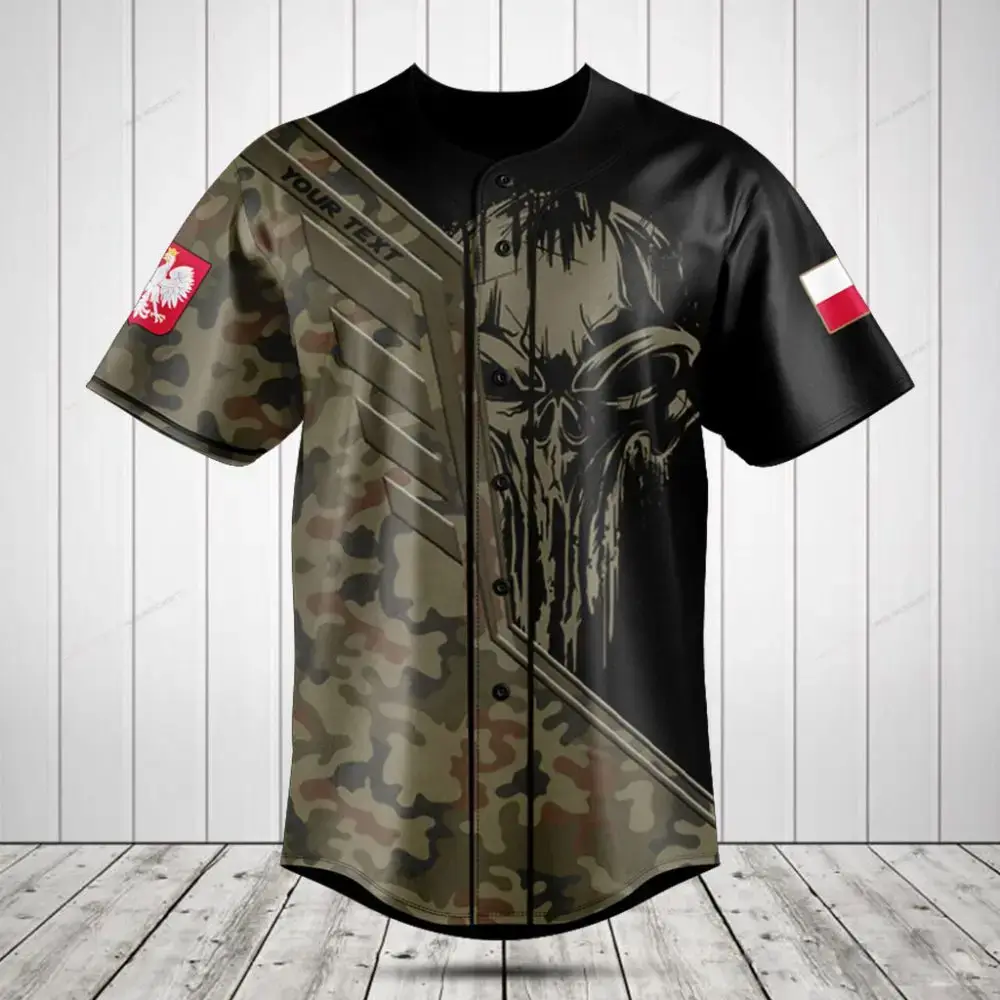 Custom Camo Baseball Jersey – Skull Design, Personalized Text, Unique Style Image