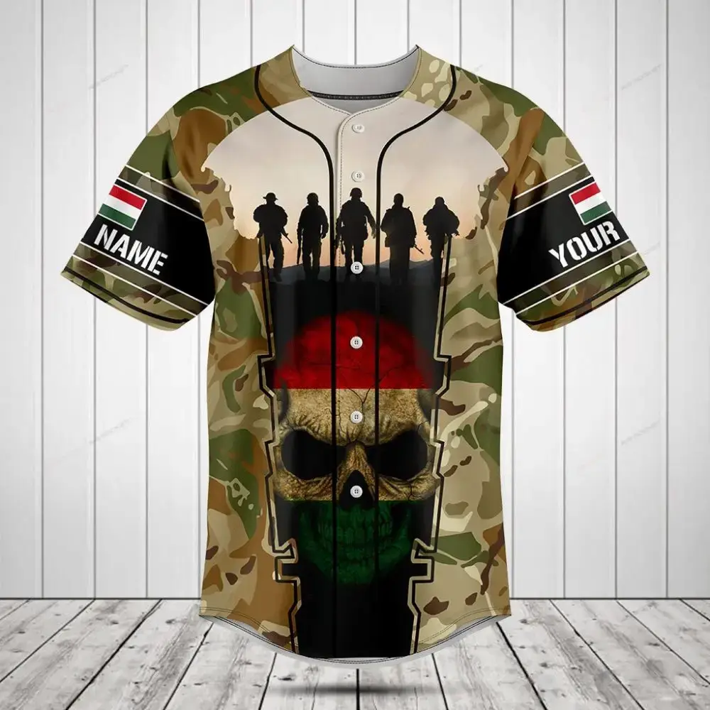 Custom Camo Baseball Jersey With Military & Skull Design - Personalize Name & Flag Image