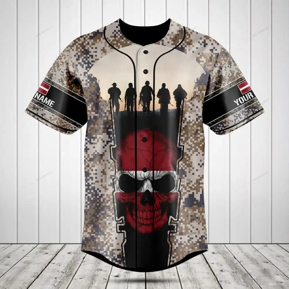 Custom Camo Baseball Jersey With Skull & Soldier Design - Personalized Name Option Image