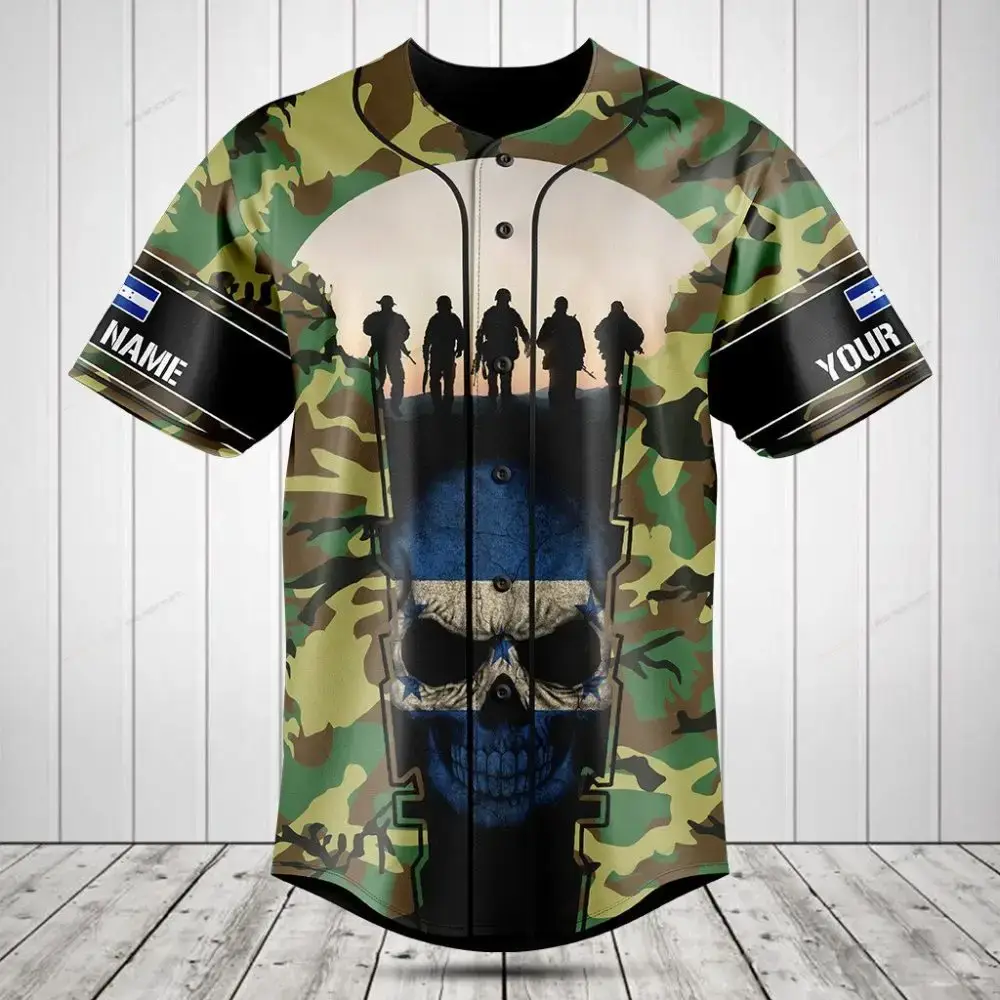Custom Camo Baseball Jersey With Skull & Soldiers Design – Personalize Your Name Image