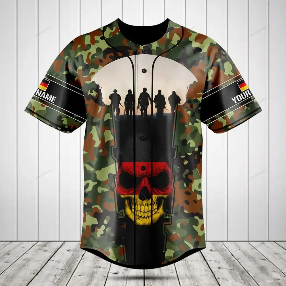 Custom Camo Baseball Jersey With Skull & Soldiers Design - Personalized Name - Unique Gift Image
