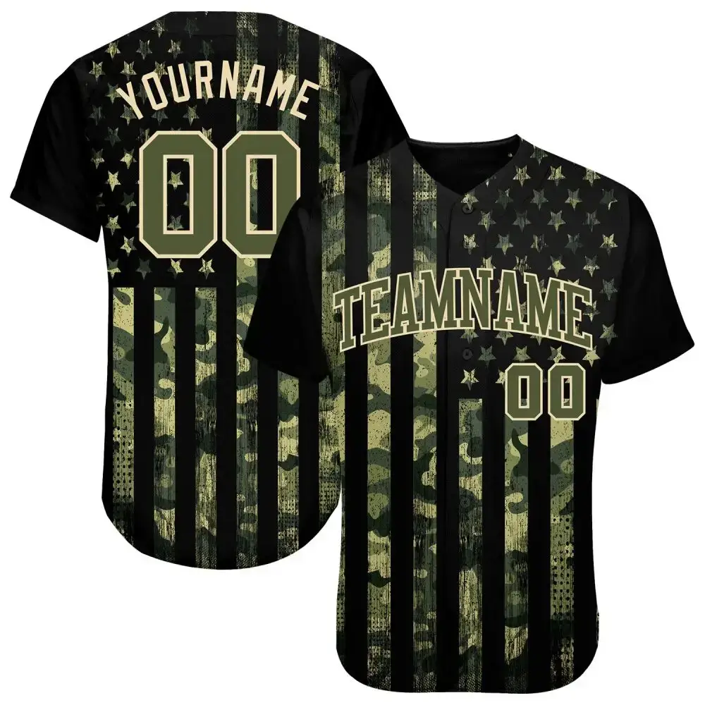 Custom Camo Olive-Cream 3D American Flag Authentic Salute To Service Baseball Jersey Image