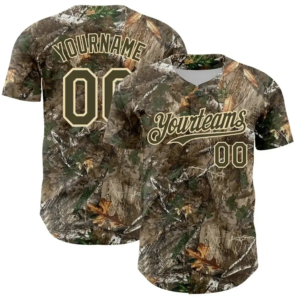 Custom Camo Olive-Cream 3D Woodland Camo Authentic Salute To Service Baseball Jersey Image