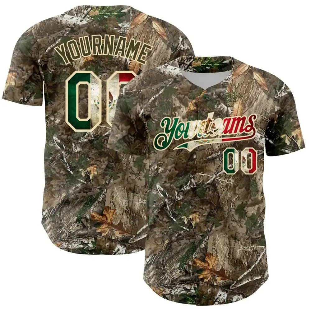 Custom Camo Vintage Mexican Flag-Cream 3D Woodland Camo Authentic Salute To Service Baseball Jersey Image