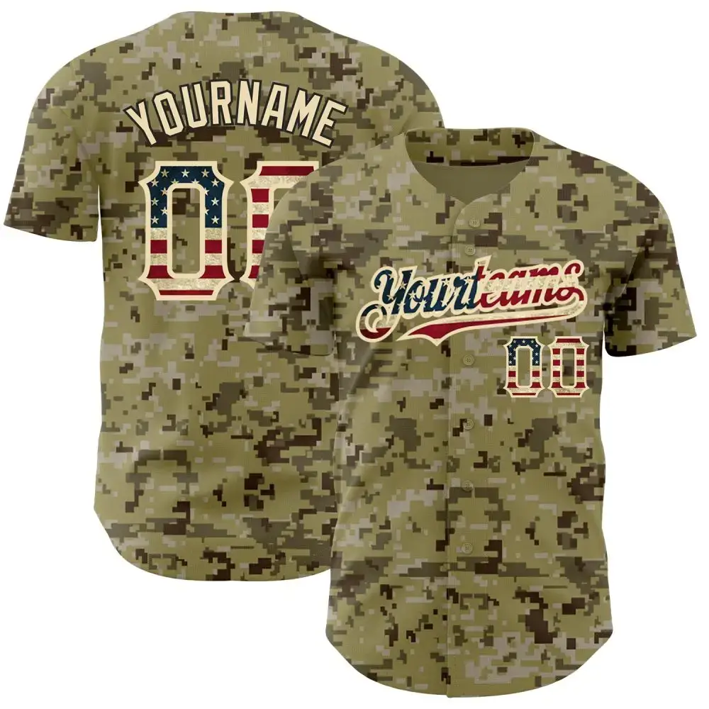 Custom Camo Vintage Usa Flag-City Cream Authentic Salute To Service Baseball Jersey Image