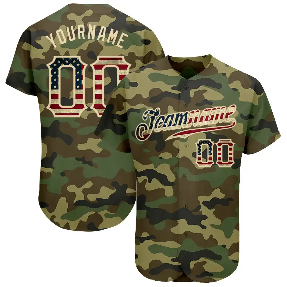 Custom Camo Vintage Usa Flag-Cream Authentic Salute To Service Baseball Jersey Image