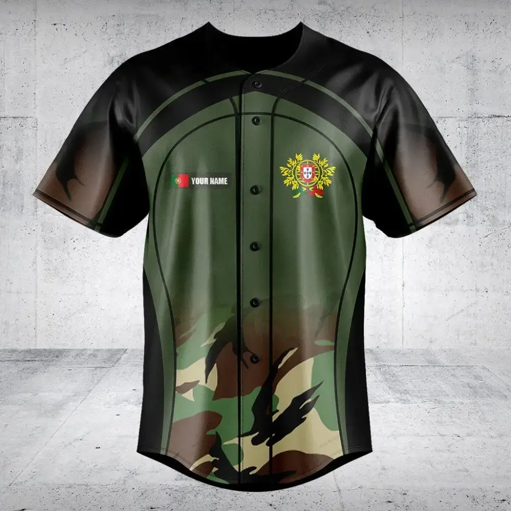 Custom Camouflage Baseball Jersey – Personalized Name & Portugal Crest Design Image