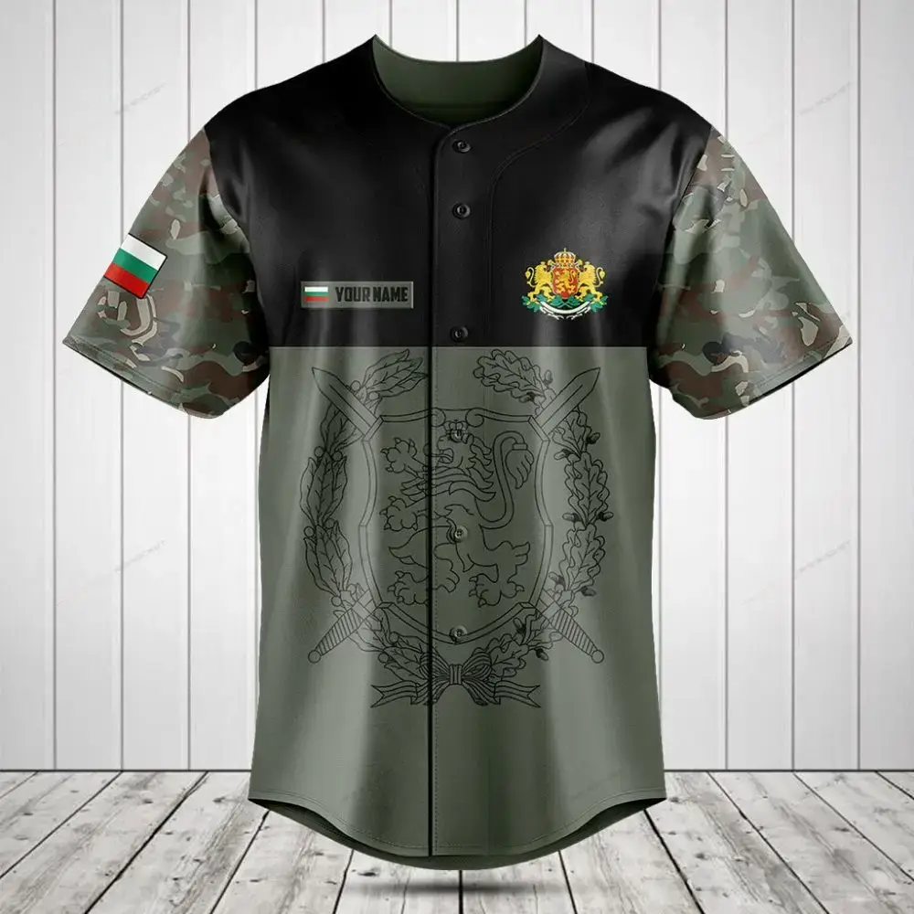 Custom Camouflage Baseball Jersey With Bulgarian Flag & Crest - Personalized Sportswear Image