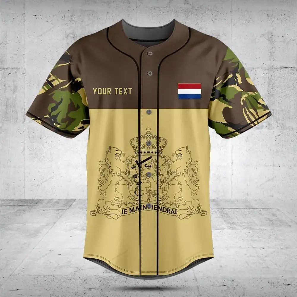 Custom Camouflage Baseball Jersey With Dutch Flag & Crest - Personalized Text Option Image