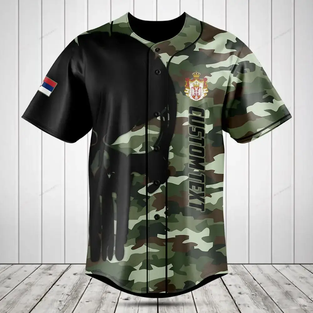 Custom Camouflage Baseball Jersey With Flag & Crest - Personalized Text, Perfect Gift! Image