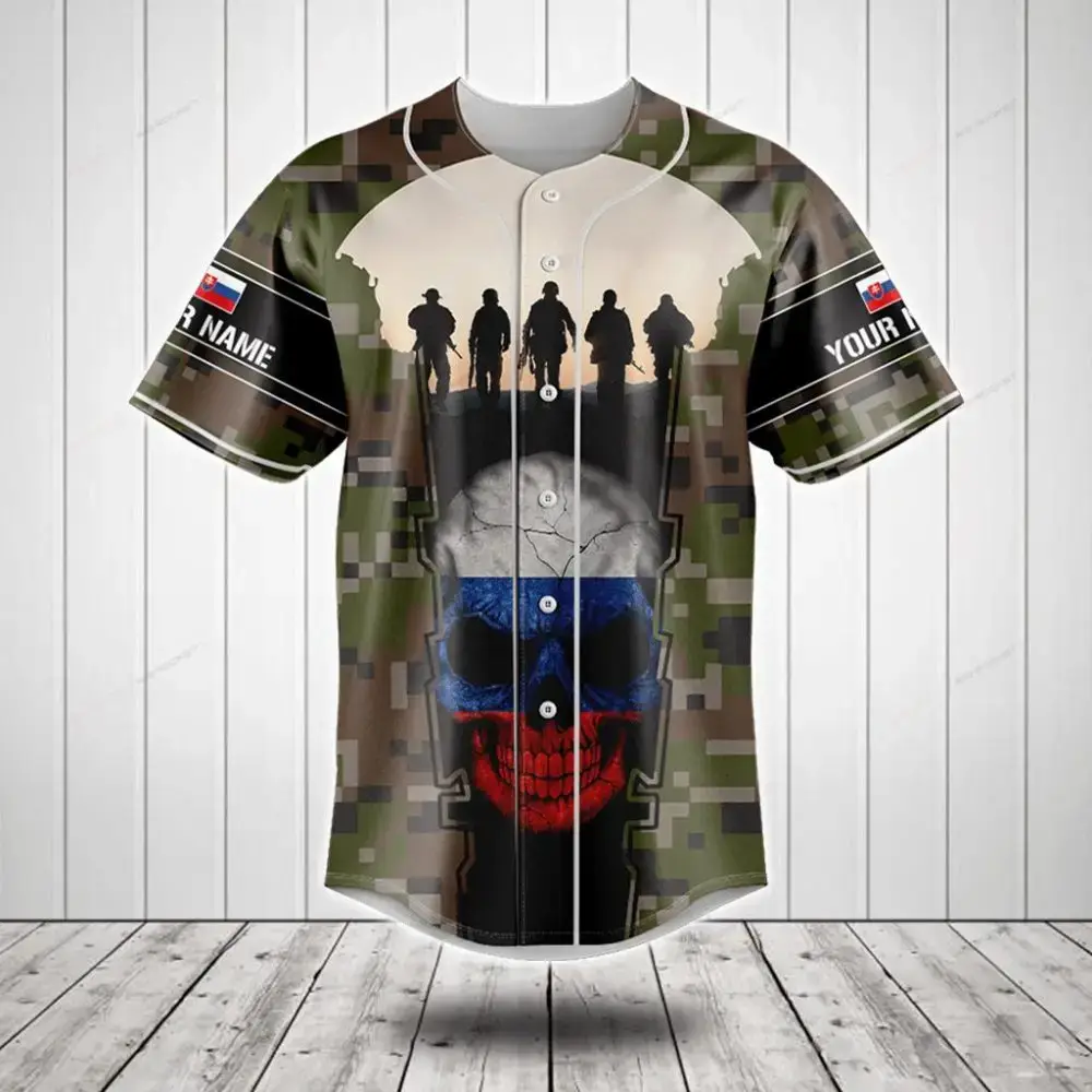 Custom Camouflage Baseball Jersey With Skull & Soldier Silhouette - Unique Design For Military Fans Image