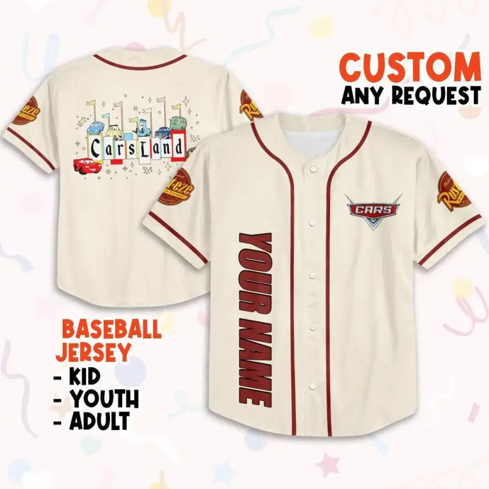 Custom Cars Land Baseball Jersey - Personalized Name For Kids, Youth & Adults Image
