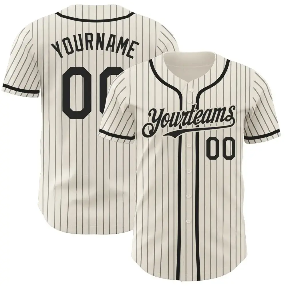 Custom Cream Black Pinstripe Black Authentic Baseball Jersey Image