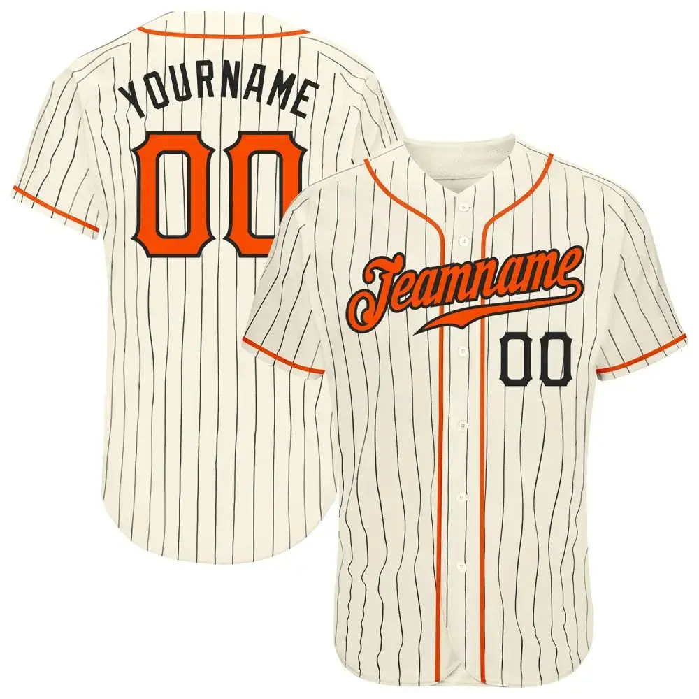 Custom Cream Black Pinstripe Orange-Black Authentic Baseball Jersey Image