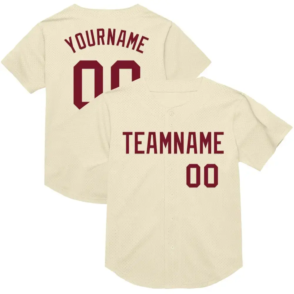 Custom Cream Crimson Mesh Authentic Throwback Baseball Jersey Image