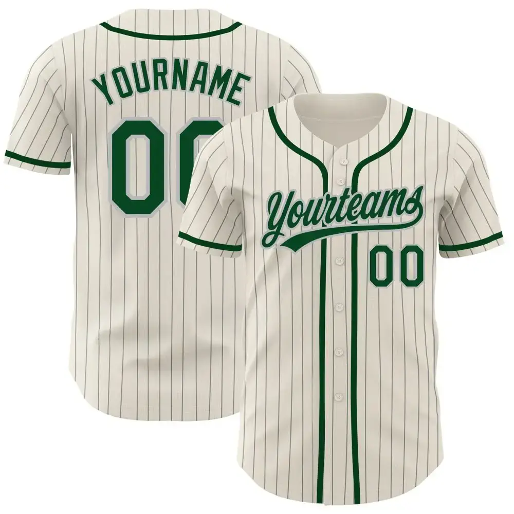 Custom Cream Gray Pinstripe Green Authentic Baseball Jersey Image
