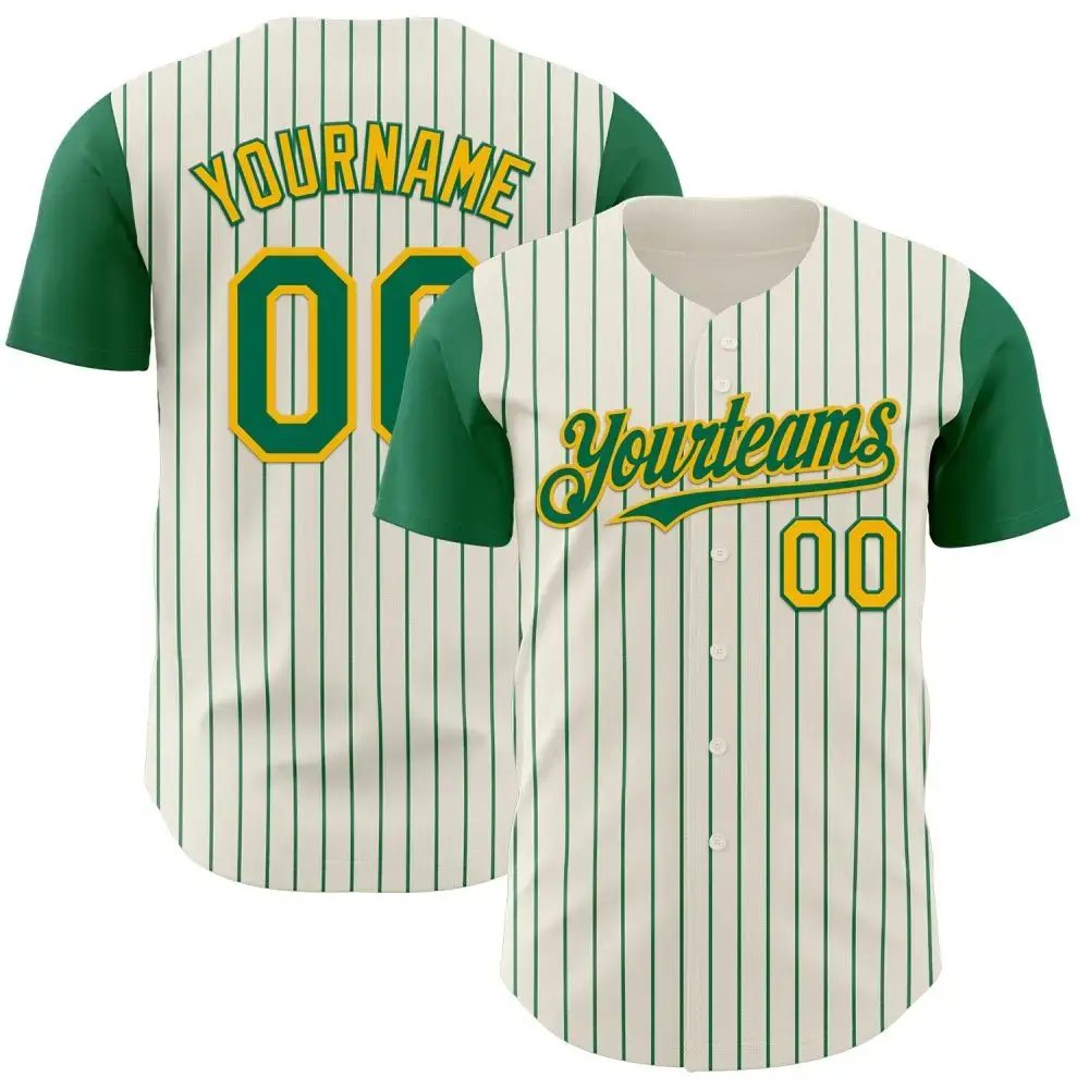 Custom Cream Kelly Green Pinstripe Gold Authentic Two Tone Baseball Jersey Image