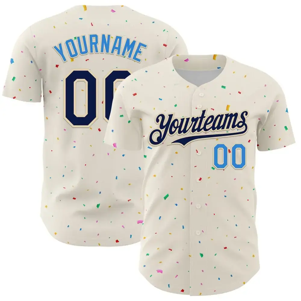 Custom Cream Navy-Electric Blue 3D Pattern Design Confetti Authentic Baseball Jersey Image