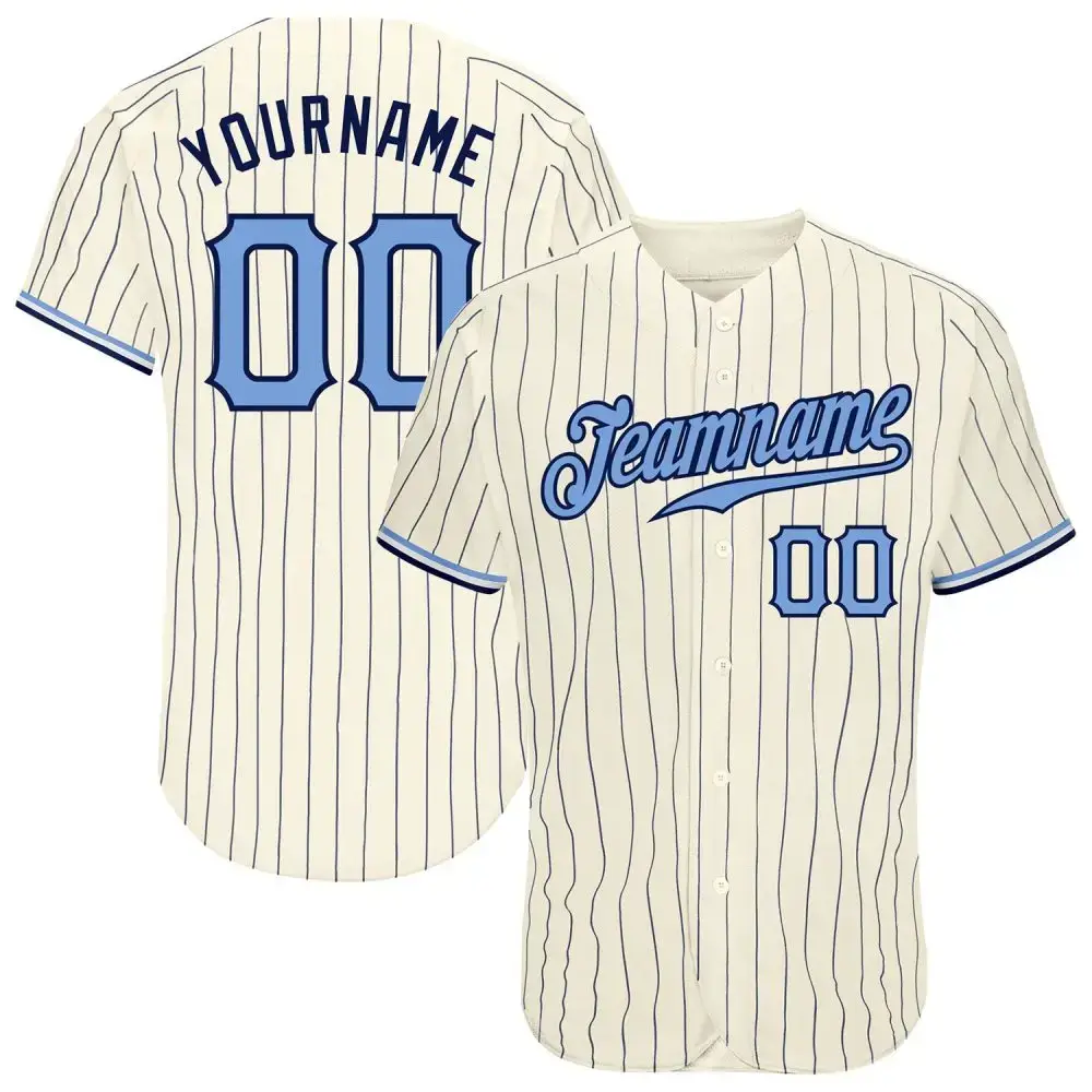Custom Cream Navy Pinstripe Light Blue-Navy Authentic Baseball Jersey Image