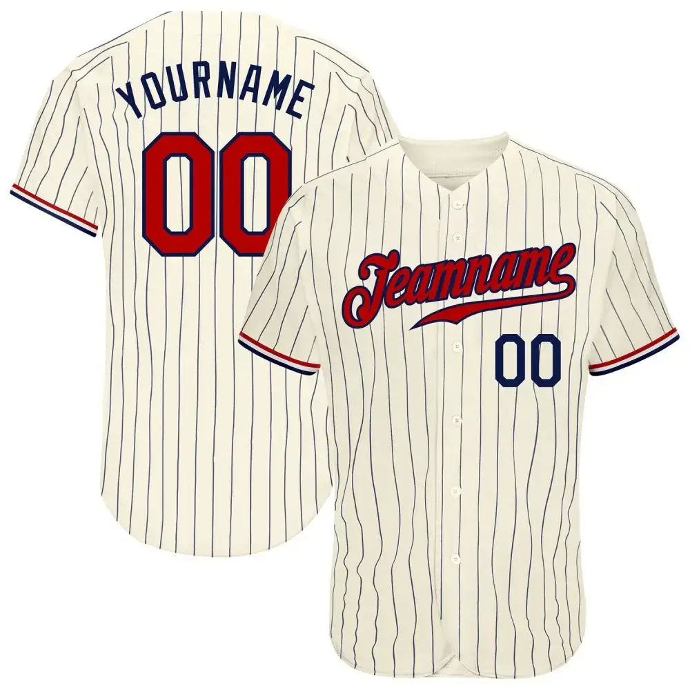Custom Cream Navy Pinstripe Navy-Red Authentic Baseball Jersey Image