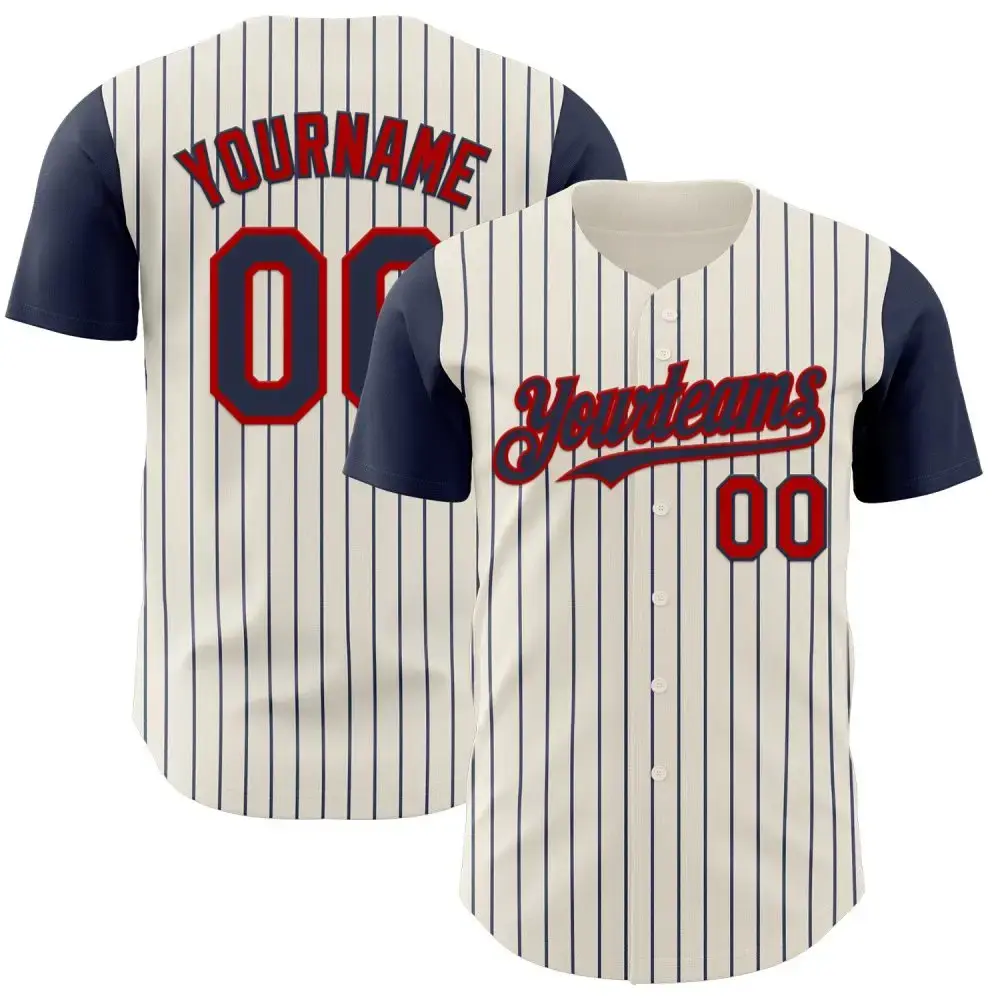 Custom Cream Navy Pinstripe Red Authentic Two Tone Baseball Jersey Image