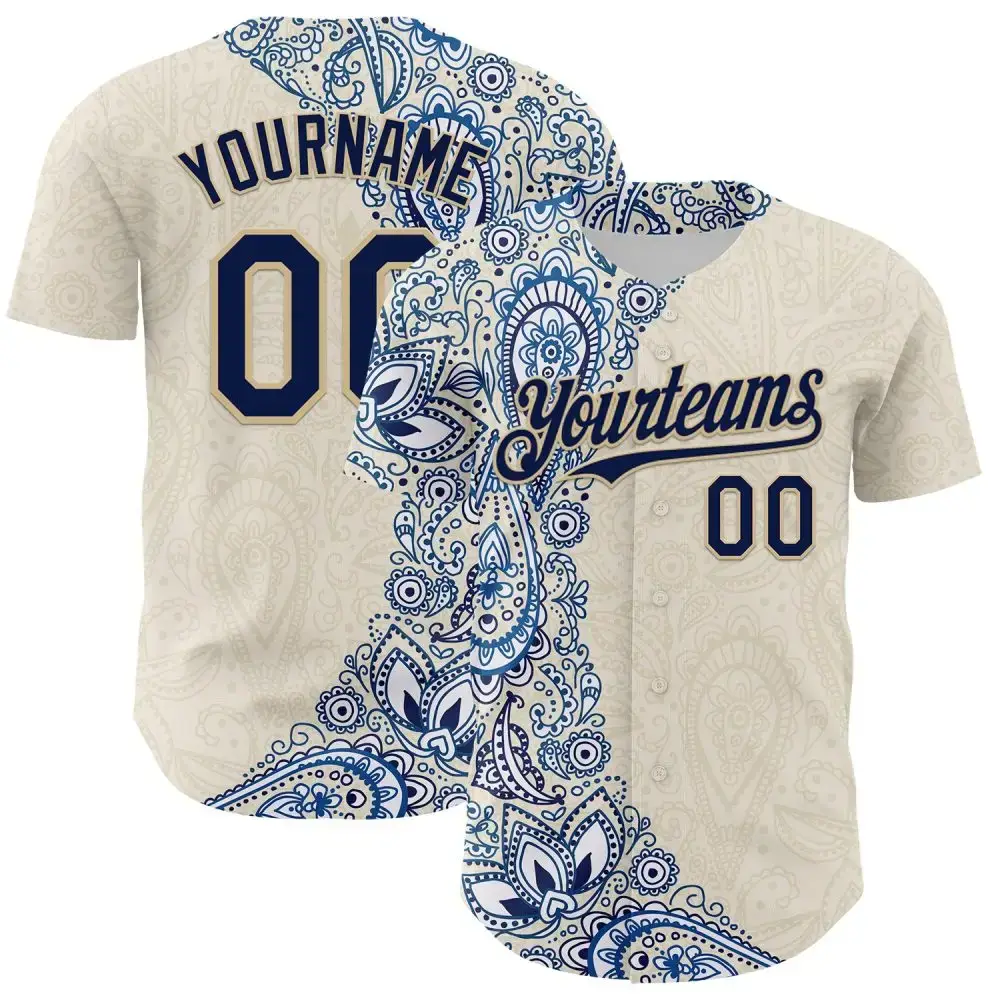 Custom Cream Navy Royal-Vegas Gold 3D Pattern Design Burner Costumes Paisley Authentic Baseball Jersey Image