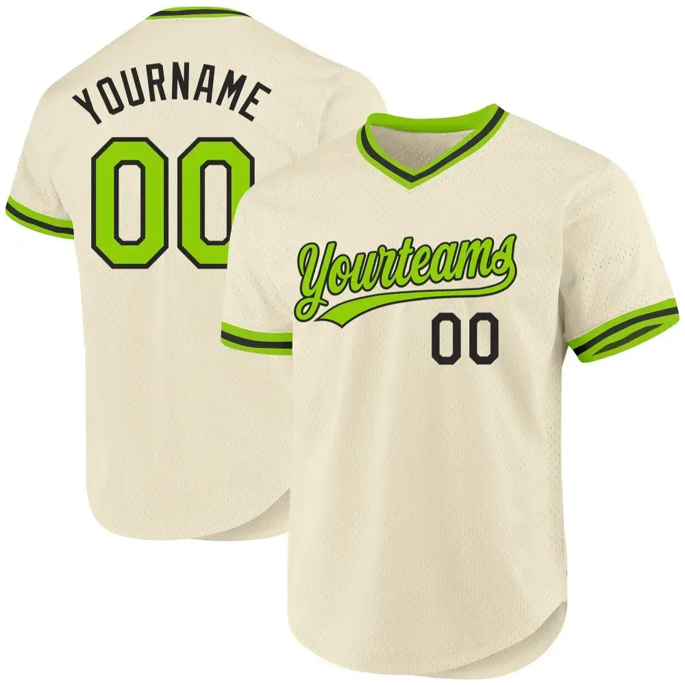 Custom Cream Neon Green-Black Authentic Throwback Baseball Jersey Image