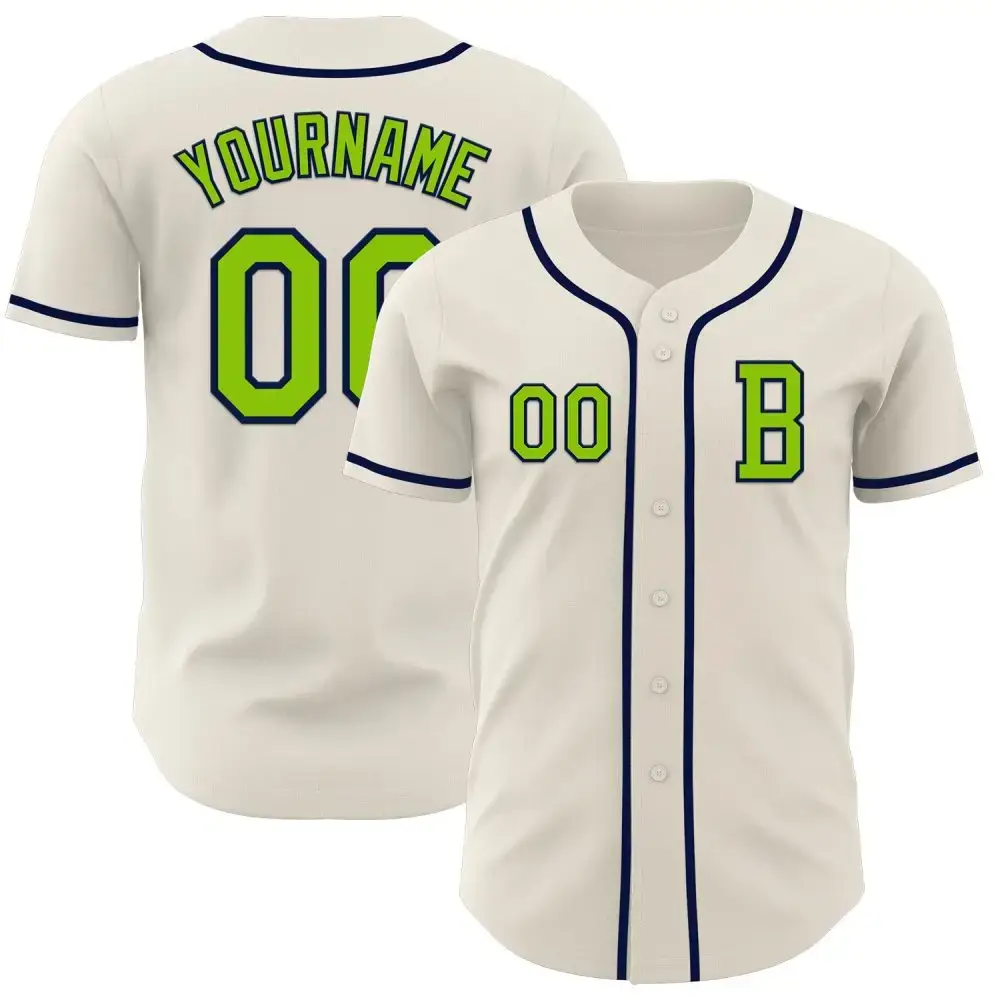 Custom Cream Neon Green-Navy Authentic Baseball Jersey Image