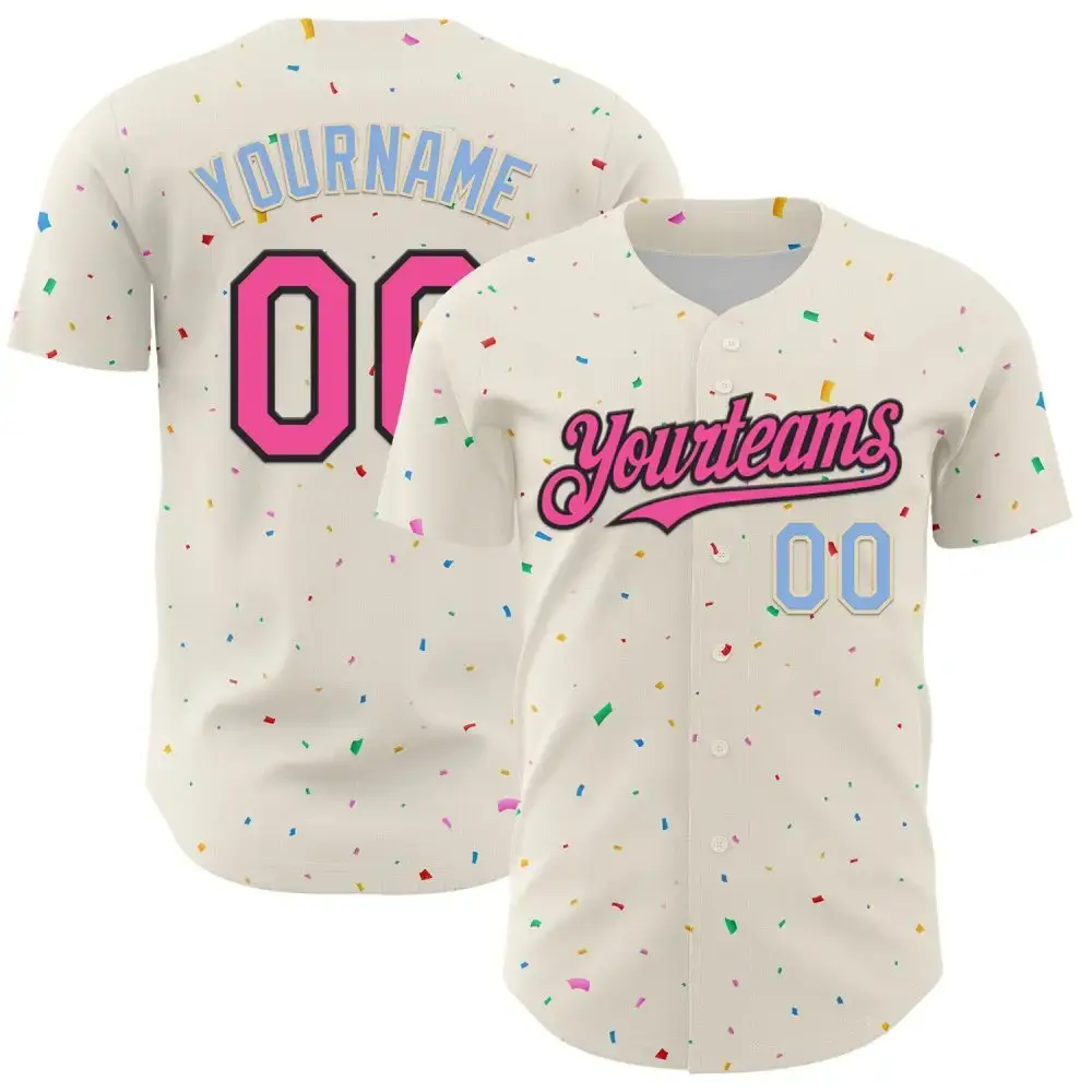 Custom Cream Pink Black-Light Blue 3D Pattern Design Confetti Authentic Baseball Jersey Image
