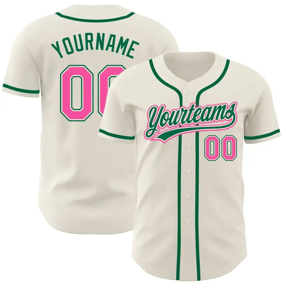 Custom Cream Pink-Kelly Green Authentic Baseball Jersey Image
