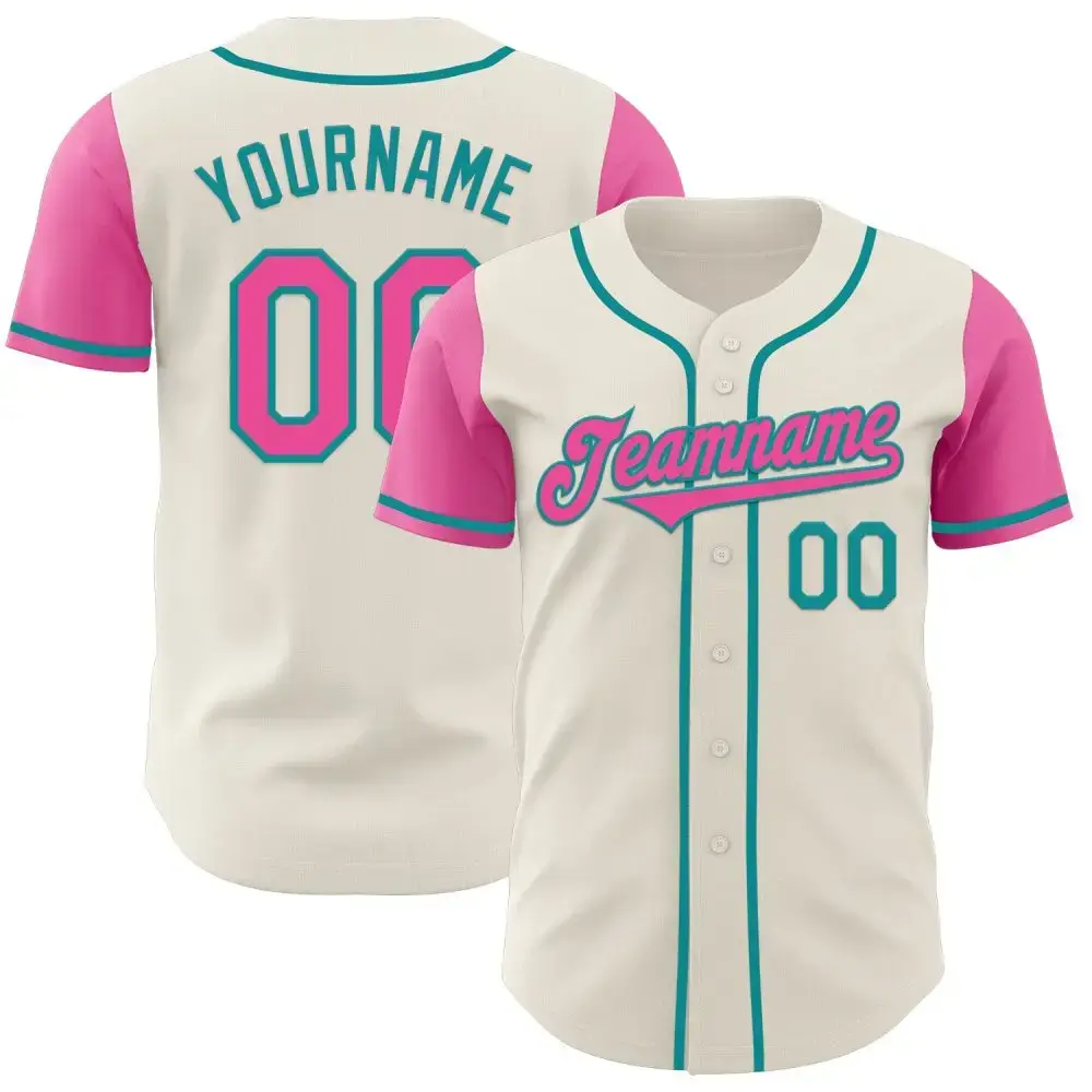 Custom Cream Pink-Teal Authentic Two Tone Baseball Jersey Image