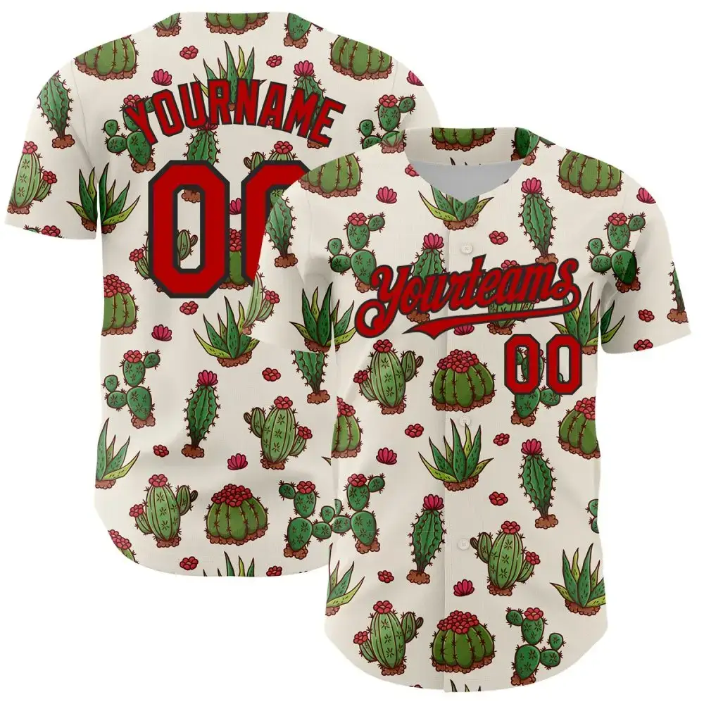 Custom Cream Red-Black 3D Mexican Cactus Authentic Baseball Jersey Image