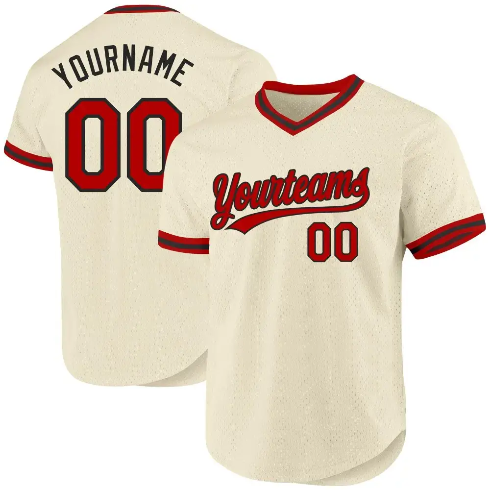 Custom Cream Red-Black Authentic Throwback Baseball Jersey Image