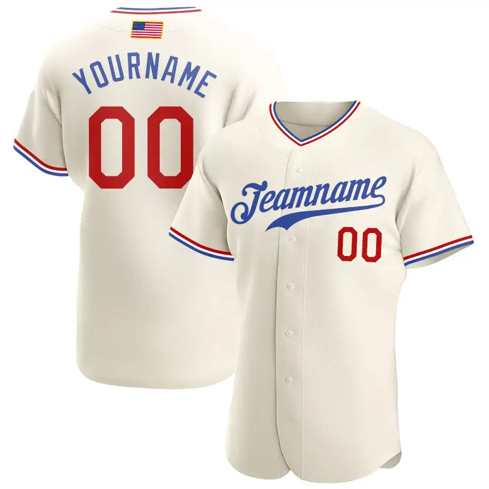 Custom Cream Red-Royal Authentic American Flag Fashion Baseball Jersey Image