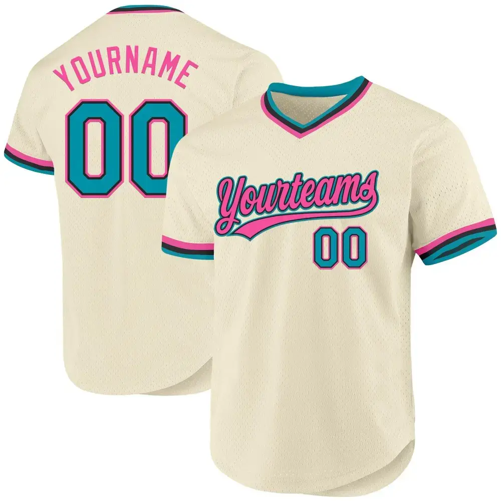 Custom Cream Teal Black-Pink Authentic Throwback Baseball Jersey Image