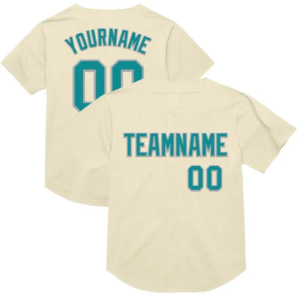 Custom Cream Teal-Gray Mesh Authentic Throwback Baseball Jersey Image