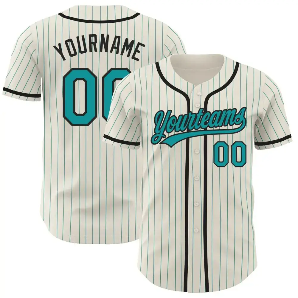 Custom Cream Teal Pinstripe Black Authentic Baseball Jersey Image
