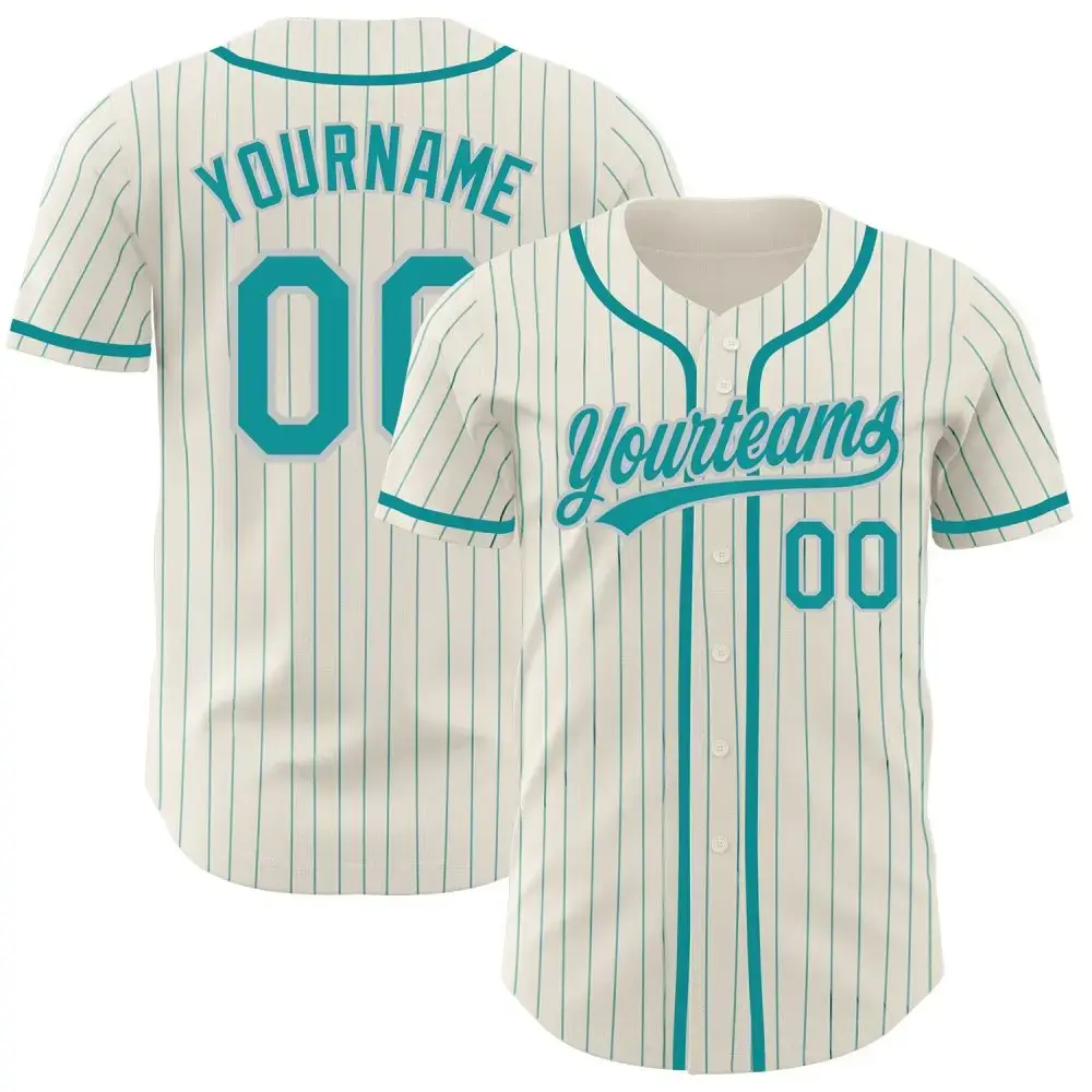 Custom Cream Teal Pinstripe Teal-Gray Authentic Baseball Jersey Image