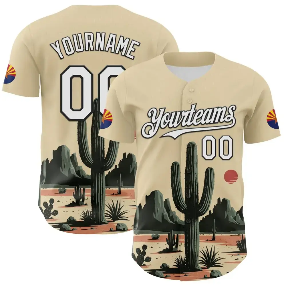 Custom Cream White Green-Black 3D Urban City Edition Sports Cactus Authentic Baseball Jersey Image