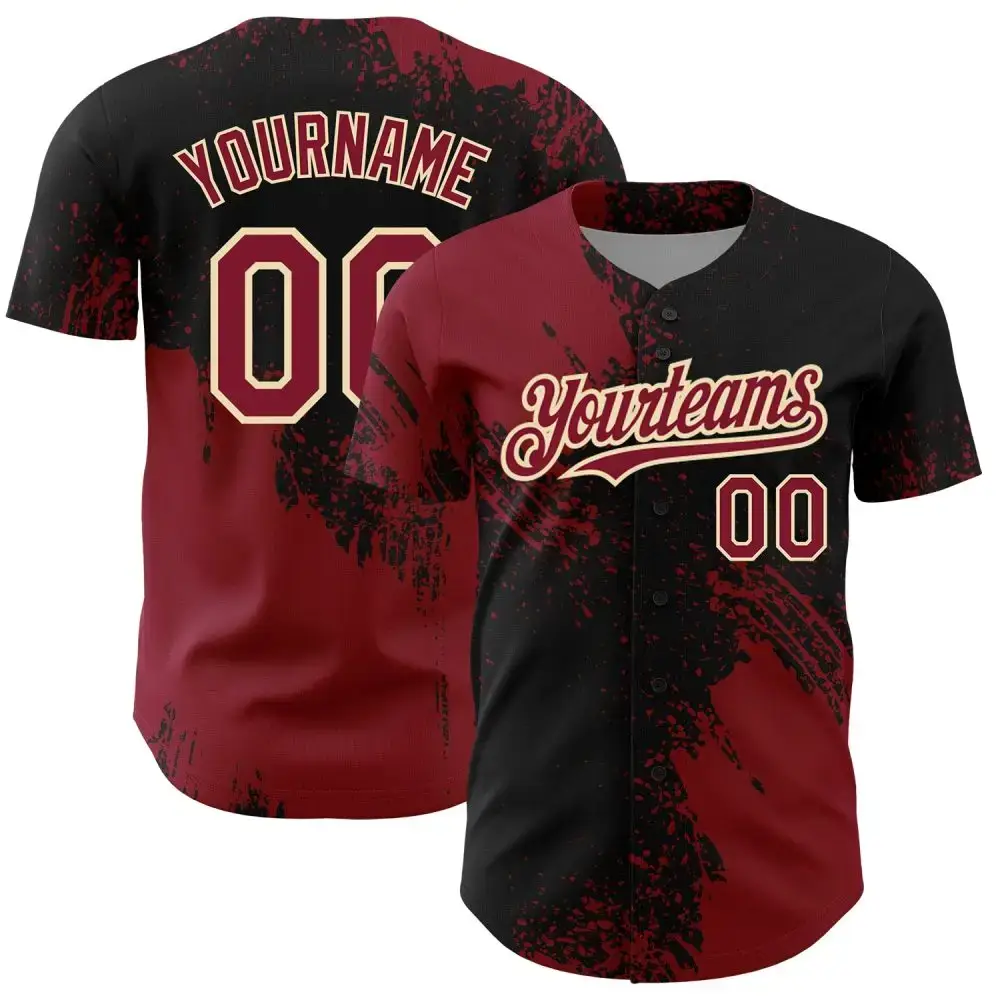 Custom Crimson Black-Cream 3D Pattern Design Abstract Brush Stroke Authentic Baseball Jersey Image
