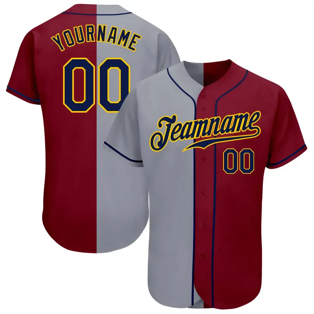 Custom Crimson Navy-Gray Authentic Split Fashion Baseball Jersey Image