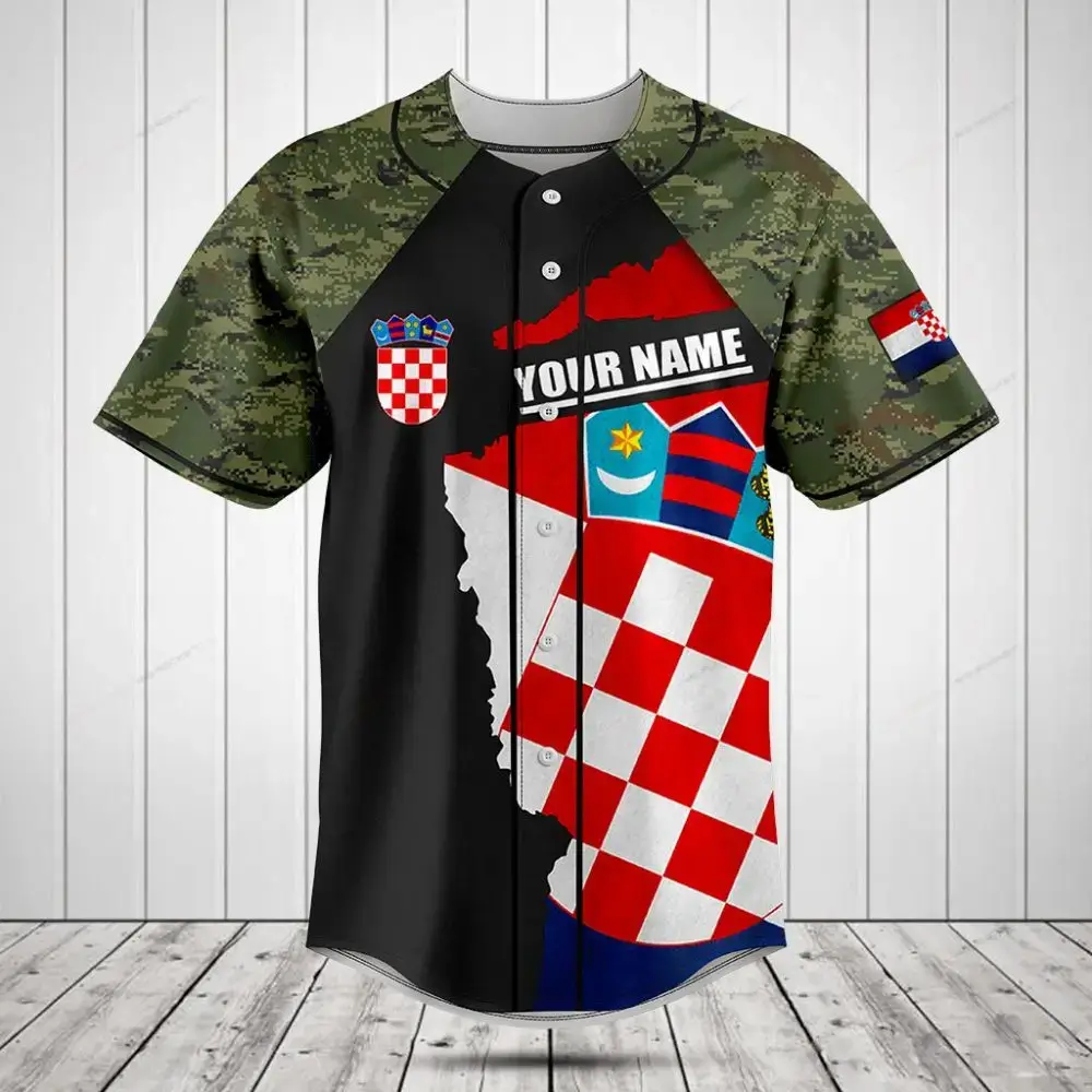 Custom Croatia Flag Baseball Jersey – Personalized Name & Camo Sleeves – Unisex Sportswear Image