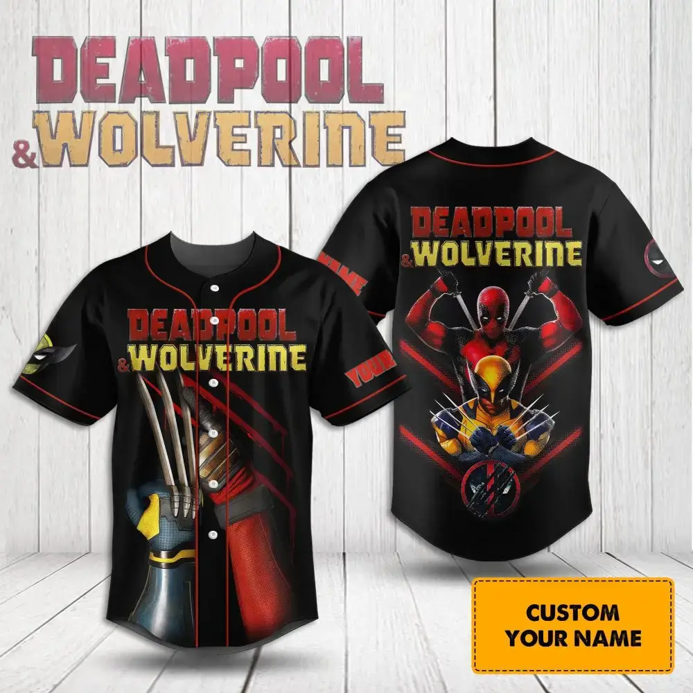 Custom Deadpool & Wolverine Baseball Jersey - Personalized Superhero Fan Gear Image